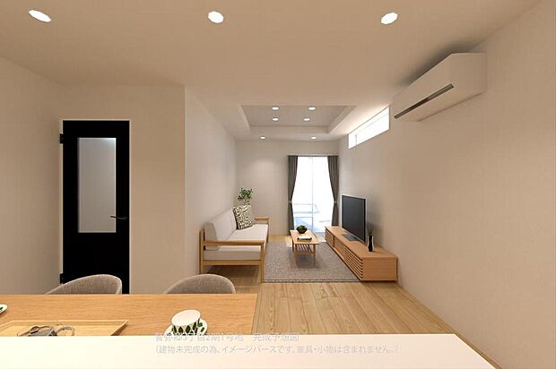 【【1号地内観パース/LDK】】複数の窓からやわらかな陽光が注ぎます。縦長のレイアウトを活かして、ダイニングとリビングをゆるやかにゾーニングできます。