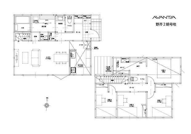1階に和室、2階に3部屋の「4LDK」プラン。各居室収納あり。吹き抜けから明るい光の差し込むLDKは17帖の広さです。田園広がるのどかな環境も魅力。/建物面積101.84m2、建物価格2024万円