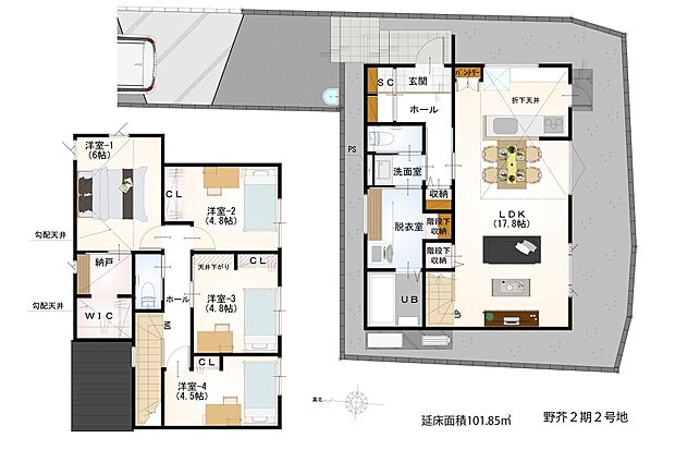 【4LDK】折下天井がおしゃれなLDKは、約17.8帖のゆとりある広さ。洗面室と脱衣室は扉で仕切られ、ご家族間のプライバシーに配慮されています。WIC・SCなど、収納も充実した住まいです。