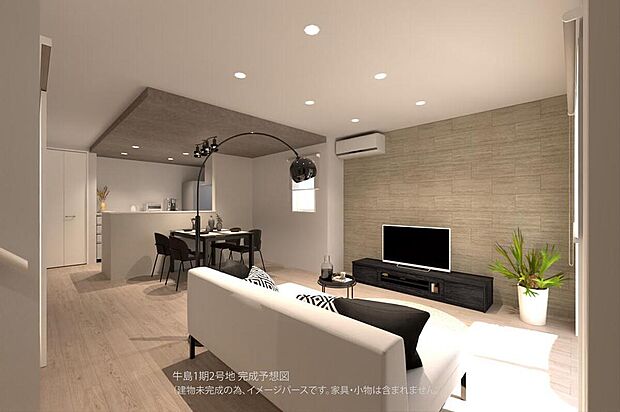 【【2号地/完成予想図/LDK】】17帖超のゆとりある広さが魅力のLDK。アクセントクロスやダウンライトが採用された、デザイン性の高い空間です。※建物未完成のため、イメージパースです。家具・小物は含まれません。