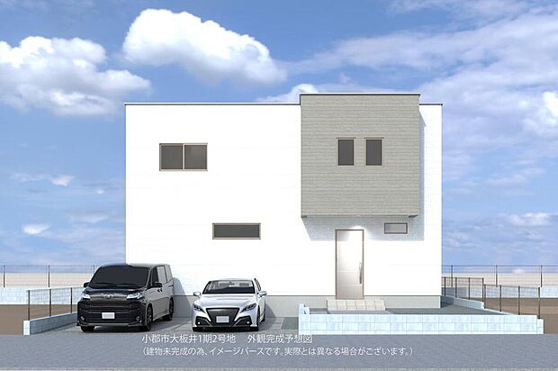 【【外観/2号地完成予想図】】ツートンカラーの外壁が青空に映える「4LDK」の住まい。シンプルな意匠に奥行きを感じる、飽きのこない外観に仕上げられています。