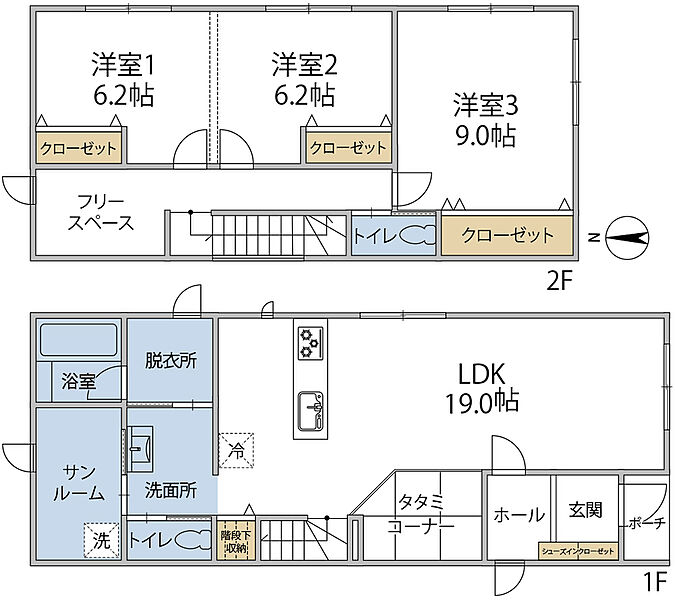 間取りは3LDK、タタミコーナー付き！フリースペースあり、クローゼットや物置などに活用可能。