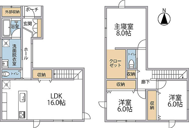 広々16帖LDKと8帖主寝室を備えた3LDK。天候を気にせず室内干しができる洗面脱衣室や、2ヶ所のトイレ完備で毎日の暮らしも快適！外部収納や全居室収納付きで、いつでもスッキリ空間を保てます。