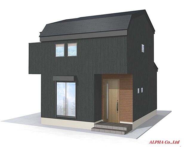 完成予想パースです。外壁のダークカラーによって住宅が重い印象にならないように玄関扉にブラウンを取り入れて「抜け」を作っていることもポイントです。