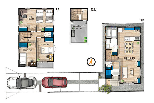 【3LDK（4LDK変更可）】屋上／縦列駐車２台以上可能（駐車場幅員３ｍ）