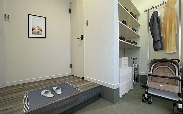 【シューズクローゼット】十分すぎる程のシューズクローゼット♪
高さ調節ができるため、ベビーカーやアウトドアグッズなども収納できます♪
ご家族の趣味のものを置いても◎