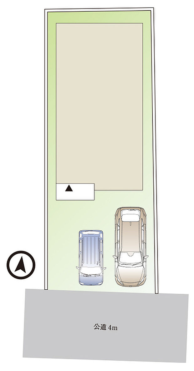 【配置図】建物配置図
南向き前面４メートル公道
車２台駐車可能(車種による)