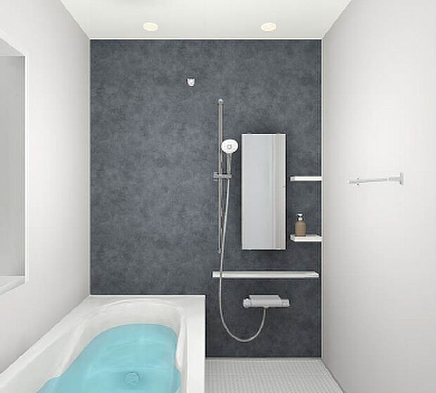 【高機能なシステムバス】1坪サイズを標準設備。浴室換気暖房機付き！浴室お掃除が簡単なくるりんポイ排水口やエコアクアシャワーのシャワーヘッド！微細な水粒で汚れをしっかり洗い流すシルクミストと空気をたっぷり含んだ肌あたりの良いアクアスプレー。スイッチ付きで高い節水、省エネを実現！