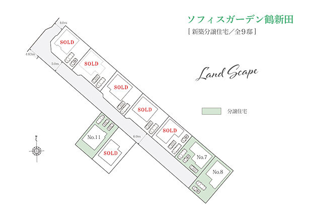区画割図
1号地:契約済
2号地:契約済
3号地:契約済
5号地:契約済
6号地:契約済
10号地:契約済