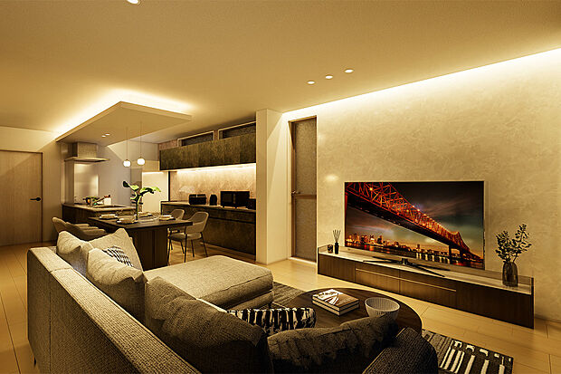 ダイニング、リビングで過ごすご家族とコミュニケーションを取りながら家事を進めることができ、毎日の洗い物や食事の用意も楽しいひとときに。/6号地完成予想パース