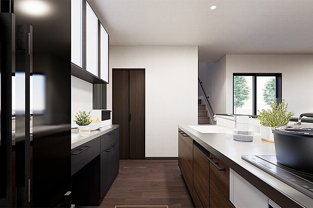 【キッチン】シンク側・コンロ側それぞれに収納を設けることで、調理器具や食器、調味料などを整理整頓しやすく、スッキリとした空間を維持できます。2号地|建物プラン