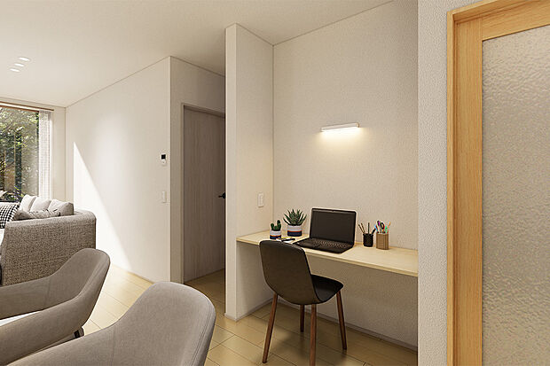 【LDKカウンター】ダイニング横に設置されたカウンターは、家事の間のちょっと一息つきたいとき、お子様の宿題するスペースとして等、様々な使い方ができます。/6号地完成予想パース