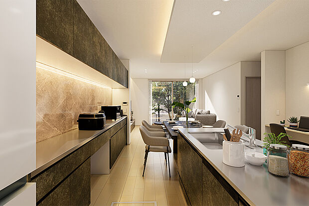 【LDK】21.13帖のLDKは人気のI型リビング!リビング・ダイニング・キッチンが一直線に並んでいることで、視線が行き届き家族の会話が弾みます◎/6号地完成予想パース