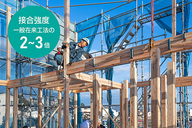 【プレセッター】一般の在来工法の2.0-3.0倍の接合強度で、耐震性・耐久性の高い工法です。
柱の断面欠損が少なく、あらゆる方向からの力に強靭に抵抗する仕口を実現した金物工法です。