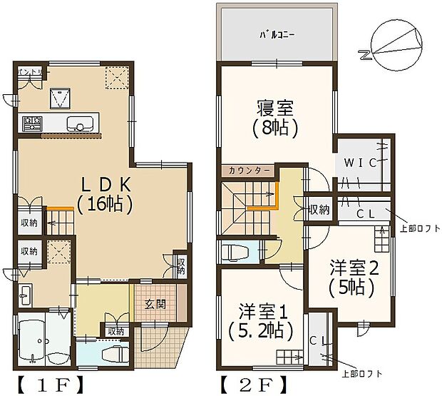 【5号地　間取り】
全居室にWICなどの収納が備わった、収納豊富な住まいです。LDKは約16.0帖。リビング階段を採用しています。2階の洋室2部屋はロフト付きです。