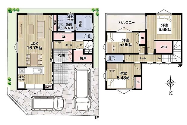 【5号地・間取り】
1階廊下に納戸や洗面脱衣室に繋がるウォークスルーCLなどを設けた、収納豊富な間取り！南向きLDKやバルコニーを採用した、陽当たり良好な住まいです♪