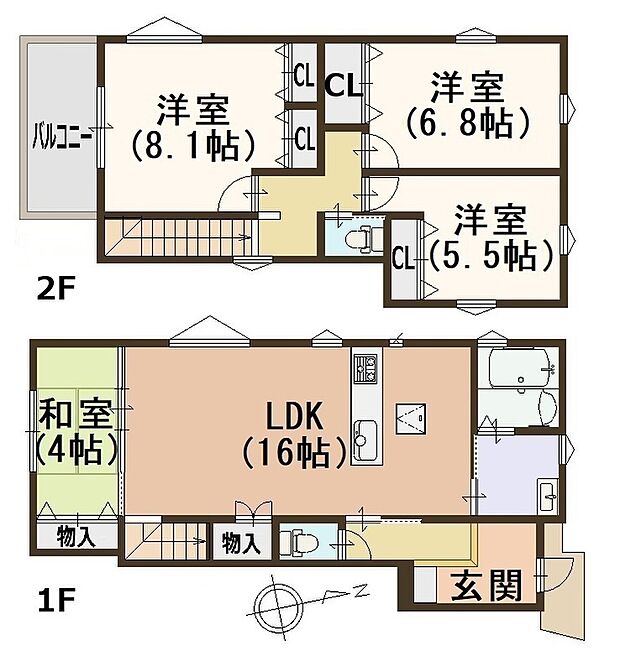 【1号地・参考プラン】
LDK+和室で約20帖の広々空間に♪
キッチンと洗面室が近く、家事動線がスムーズな間取りです！並列2台駐車可◎