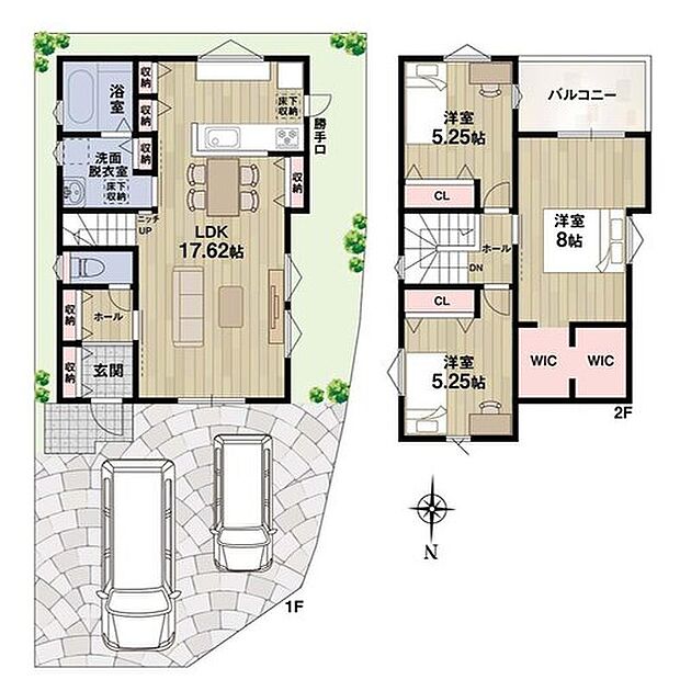 【9号地・参考プラン】
LDKは17帖超の広々空間！対面式キッチンやリビング階段を採用♪主寝室には大容量のWICを備えています！キッチンと洗面室が近く、家事動線良好な間取りです。
