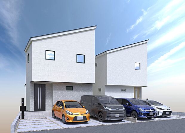 【外観イメージパース】
片流れ屋根がお洒落！スタイリッシュな外観デザインです♪
並列2台駐車可能(車種による)です◎