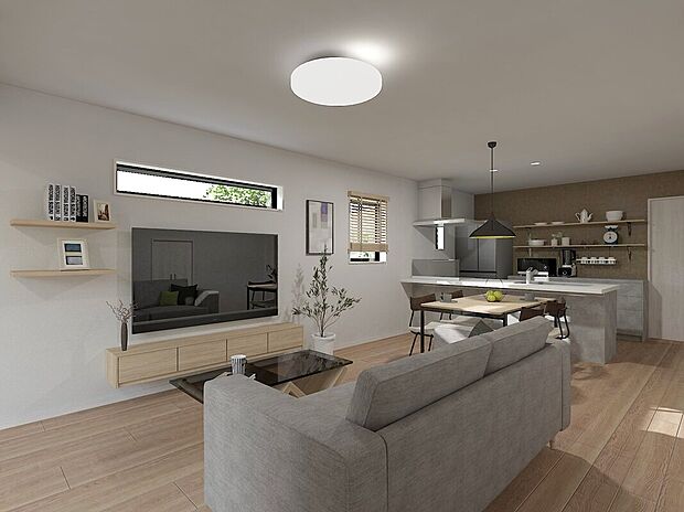 【LDK/パース/1号地】
ゆったりと寛げる広々LDK。リビング階段や対面式キッチン採用で家族コミュニケーションもバッチリ☆