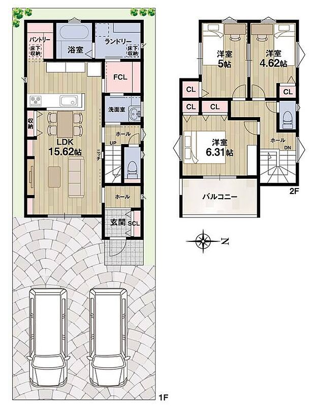 【【3号地・参考プラン】】爽やかな朝日が差し込む、東向きの間取り!
ホールから繋がる洗面室は、FCLへ通り抜けられます♪また、独立したランドリースペースも設けているため、生活・家事動線良好です!
