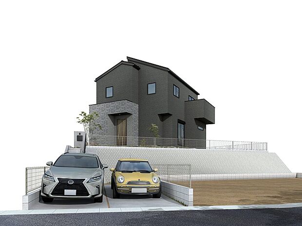 【【施工例・外観パース】】並列2台駐車可能(車種による)。バイクや自転車置き場としても重宝しそうです☆