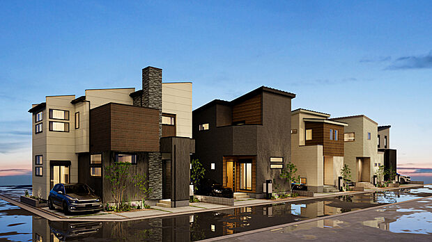 【【街並みイメージパース・夕】】南側道路に面した、全3区画！通風・採光を考慮したプランを検討可能です♪ぜひ、ご家族のご要望をお聞かせください。