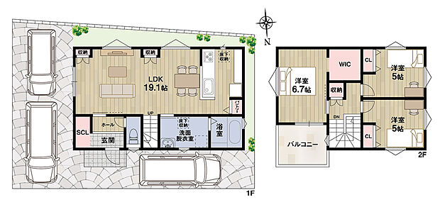 【【6号地・参考プラン】】ゆったりと寛げる、19帖超の広々LDK☆
3台分の駐車スペースあり♪バイクや自転車置き場としても重宝します！