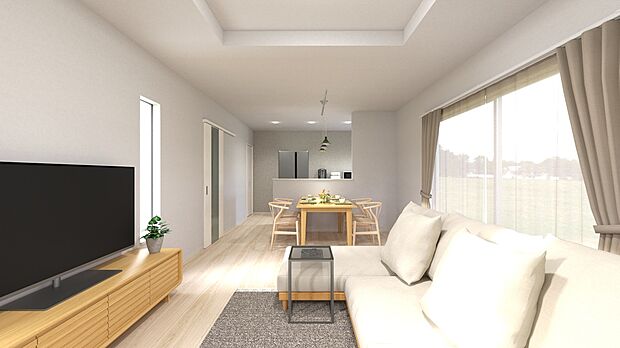 【【3号地・LDKパース】】ご家族が集うLDKは、広さ約16帖♪折り上げ天井が開放感を演出！家具配置のしやすい縦長の間取りです◎