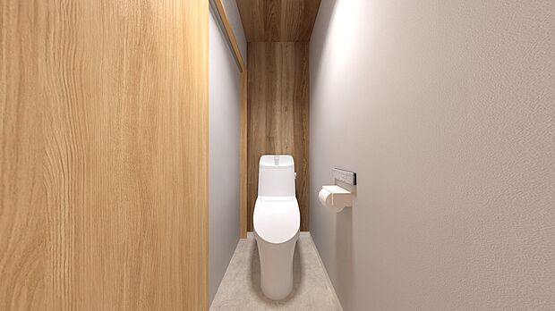 【【トイレパース】 】木目調デザインのクロスがナチュラルな雰囲気です。トイレは各階にあるので、朝の忙しい時間帯や来客時にも気兼ねなく使えます♪