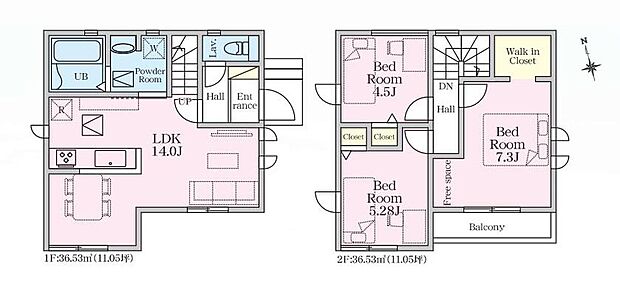 (1号棟)、3LDK、土地面積73.34m2、建物面積73.06m2