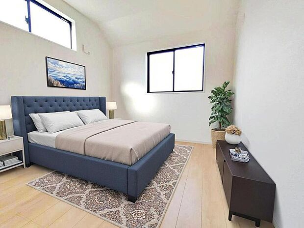 日当りの良さは写真でも充分に伝わるかと思いますが、開放感のある周囲にめぐまれたおかげで、風通しもとても良くなっております。※家具をCGで加工しています。家具付き販売ではございません。