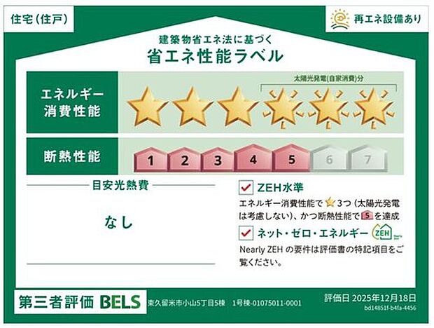 こちらの物件はZEH水準を満たした、省エネ性能に優れた物件です。　光熱費を抑えて暮らすことができるだけでなく、「熱の入りにくさ・逃げにくさ」という観点でも影響を受けにくい建物のため、長く快適にお過ごし