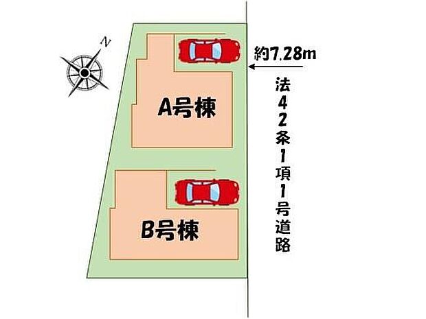 愛車を埃や強い陽射しから守るビルトインガレージ♪
前道が7ｍあるので、車庫入れが苦手な方でも安心して入れられます。
