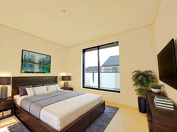 大きなベッドを置いてもゆとりのある広さ！収納完備しておりますので、家具が少なく済みます！お掃除もラクラクですね♪※家具をCGで加工しています。家具付き販売ではございません。