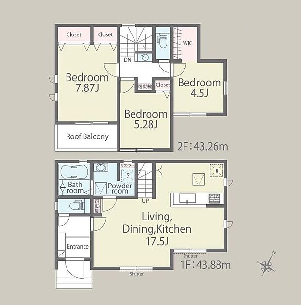 (1号棟)、3LDK、土地面積108.97m2、建物面積87.14m2