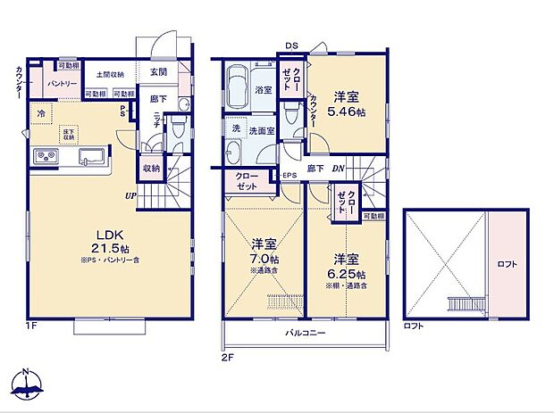 【3LDK】家族のコミュニケーションを重視した対面式キッチン・リビングイン階段プランです♪
2階に浴室がございますので、お洗濯→物干し→衣類の収納と家事導線がスムーズです♪