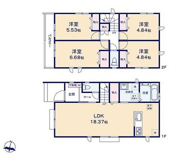 【4LDK】リビング階段を採用！自然にご家族のコミュニケーションが生まれます☆
水回りが集中しているので、家事の動きがらくちんです♪