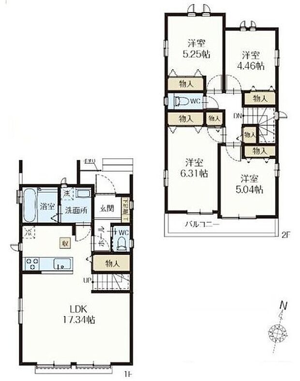 【4LDK】水回りがまとまっているので忙しい奥さんには嬉しい間取りです。
リビングイン階段で、お子様の帰宅もすぐわかりますね。
2階に4部屋をまとめることで、ご家族それぞれのプライベート空間も保てますね。