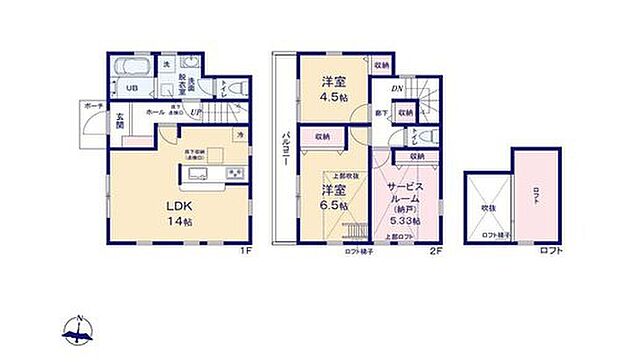 【2LDK+S】◇リビング3面採光＆全居室2面採光の明るい間取り♪
◇居室を2階に集約し、プライバシーにも配慮♪
◇生活スタイルに合わせて自由に使えるロフト♪
◇2部屋から出入り可能なバルコニーでお洗濯も快適♪