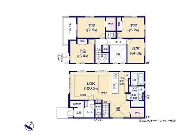 【4LDK】吹き抜け仕様の20帖超リビング♪
水回り集中設計で家事効率がアップ！
土間収納やリビング収納、WIC完備の収納豊富な間取り♪
お洗濯物がたっぷりと干せるワイドバルコニー♪