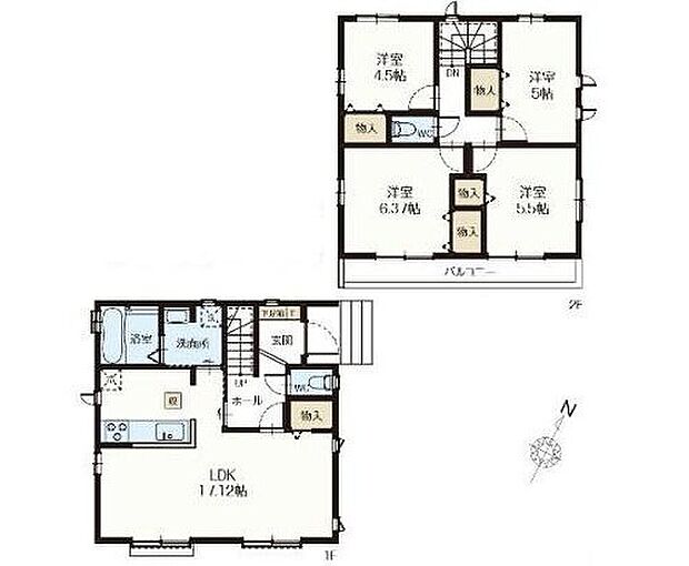 【4LDK】洋室を2階に集約し、プライバシーにも配慮した間取りプラン。各居室に収納完備で充実のプライベート空間♪
17帖超のLDKはゆとりの広さ！日当たりも良好です♪