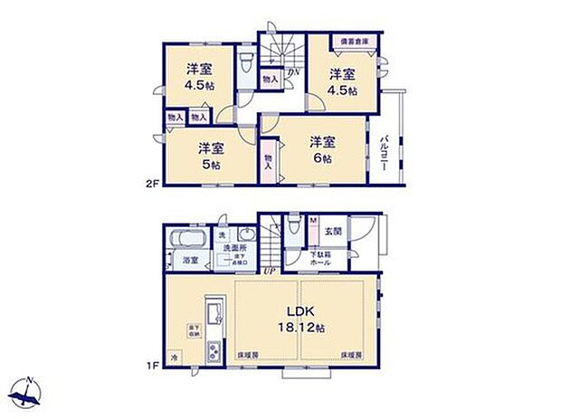 【4LDK】◇広々18帖超のLDK☆リビングイン階段採用！
◇2階に居室をまとめてプライベートの時間も充実♪
◇収納も多くご家族での生活に寄り添う設計です☆