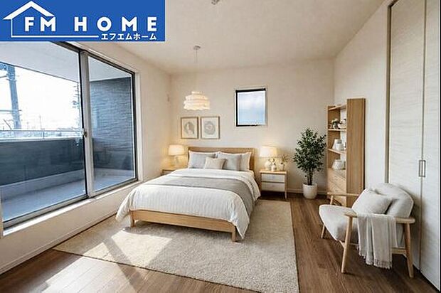 ■１号棟・内装写真■
各部屋にクローゼット付き。
ベッドを置いてもスペースが確保できます。
※インテリアはCG加工で合成したイメージです。