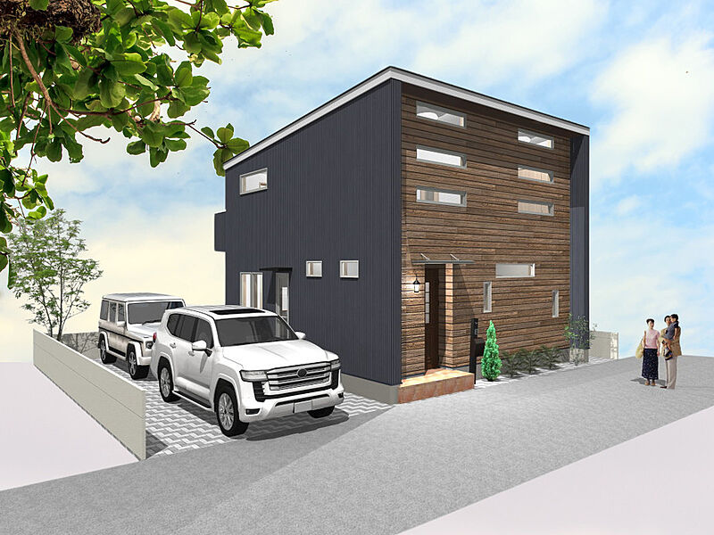 〔完成予定図〕新規分譲開始！茅ヶ崎市赤羽根「暮らしが楽しくなる家。」のご紹介です。ログハウス調の外観が住む人、訪れる人を出迎えます。広々とした庭があり、車も２台駐車可能です！