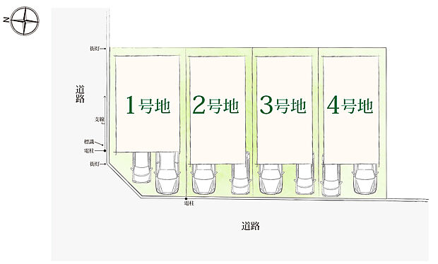 【全体区画図】 角地を含む全4区画の、新たな街並みが誕生。北・西側ともに前面道路は幅員7m以上のゆとりある公道です。車同士のすれ違いや、入出庫がスムーズに行えます。