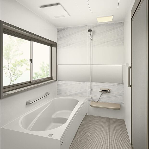【バスルーム】快適性はもちろん、節水・断熱性を追求したシステムバス。「キープクリーンフロア」や「キープクリーンドア(片引戸)、ホーロークリー