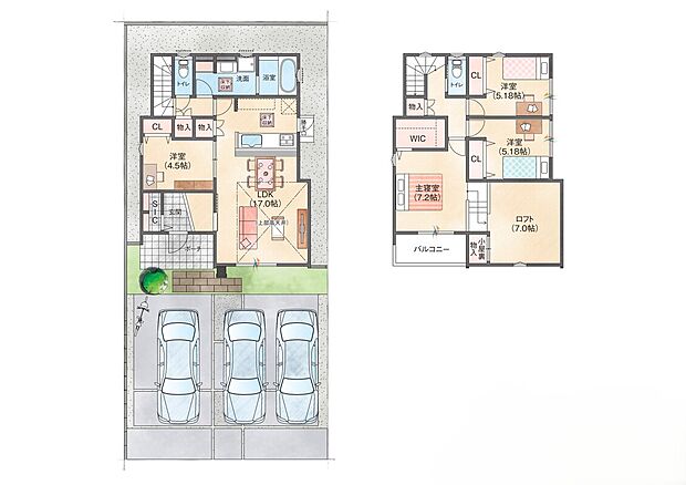【4LDK】ご家族のライフスタイルに合わせて多目的に活用できる洋室をLDK横に設けたプランです。リビングは一部高天井で空間を明るく開放的に保ちます。約7.0帖の小上がりロフトはお子様でも安心して使える仕様です。