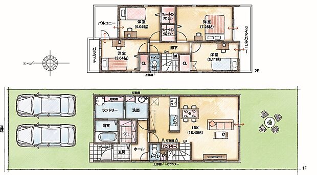 【【2号地/参考プラン】】陽当りの良い庭付きの住まい。独立したランドリーやSIC、2ヶ所のWICなど、生活しやすい工夫が詰まった4LDK2階建です。【●敷地面積/132m2●延床面積/100.61m2(1階床面積/52.79m2、2階床面積/47.82m2)】※参考プランの為、プランの変更は可能です。 ※車、家具はイメージです。備え付けされませんので、予めご了承ください。 ※一部オプションが含まれている場合があります。詳しくは係員までお尋ねください。