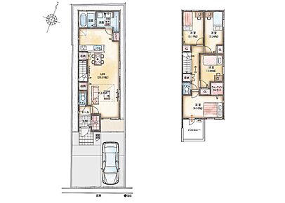 ご家族のコミュニケーションを育むリビング階段や対面式キッチン仕様。1階に配したLDKに、ご家族の「ただいま」の声がよく届きます。室内物干しなどを備えた家事ラクが叶う住まいです。

土地面積：111.10m2(有効敷地面積) 
